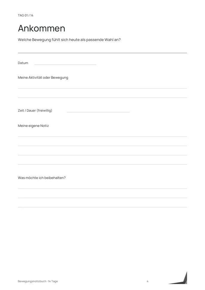 Innenseite aus Bewegungsnotizbuch: 14 Tage